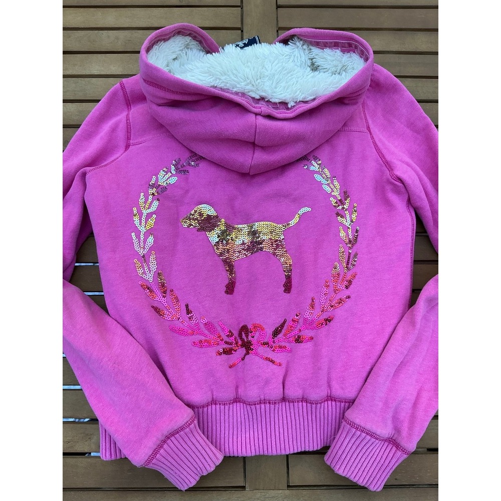 Victoria‎ Secret Pink Y2K Faux Fur Lined Bling Sequin Dog Coat Jacket